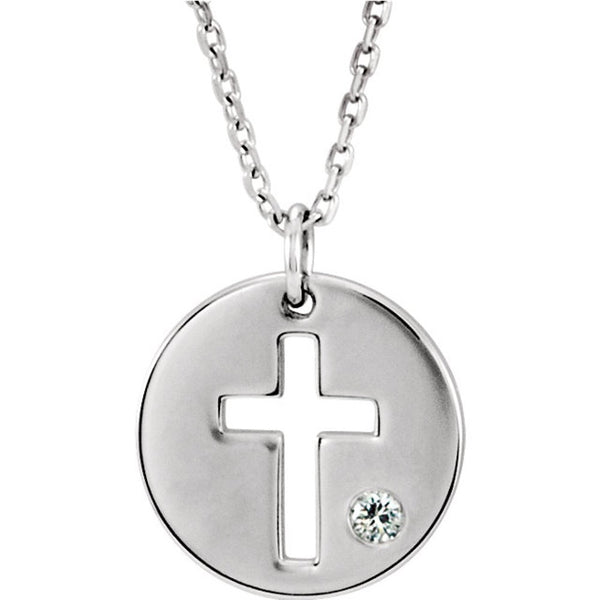 Diamond Pierced Cross Disc Pendant Necklace, 18" Sterling Silver (.03 Ct, G-H Color, I1 Clarity)