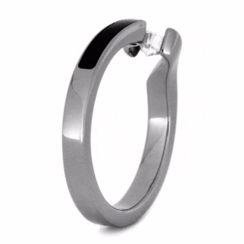 Tension-Set Diamond, Obsidian Engagement Ring, Antler Titanium Wedding Band, Bridal Set