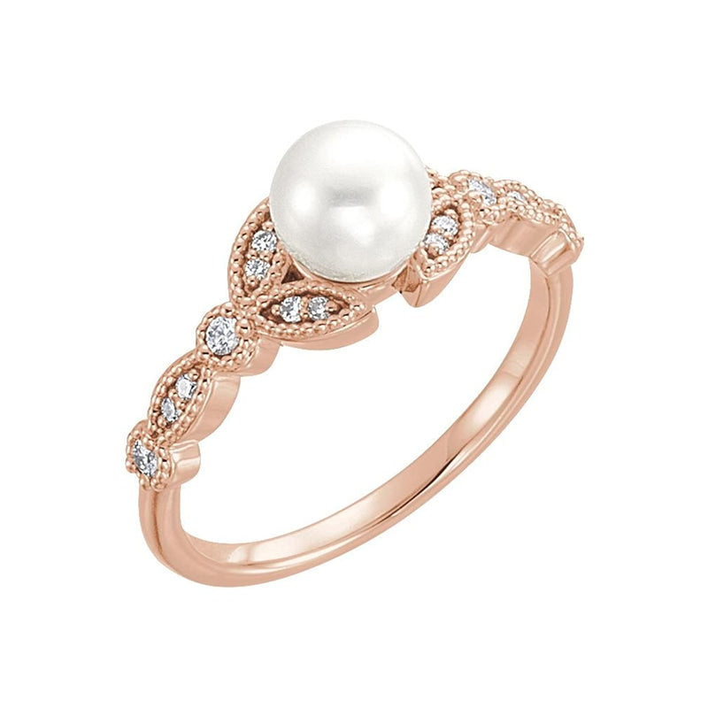 White Freshwater Cultured Pearl, Diamond Leaf Ring, 14k Rose Gold (6-6.5mm)( .125 Ctw, Color G-H, Clarity I1) Size 6.75