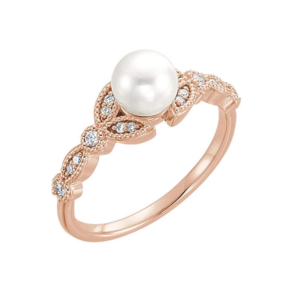 White Freshwater Cultured Pearl, Diamond Leaf Ring, 14k Rose Gold (6-6.5mm)( .125 Ctw, Color G-H, Clarity I1)