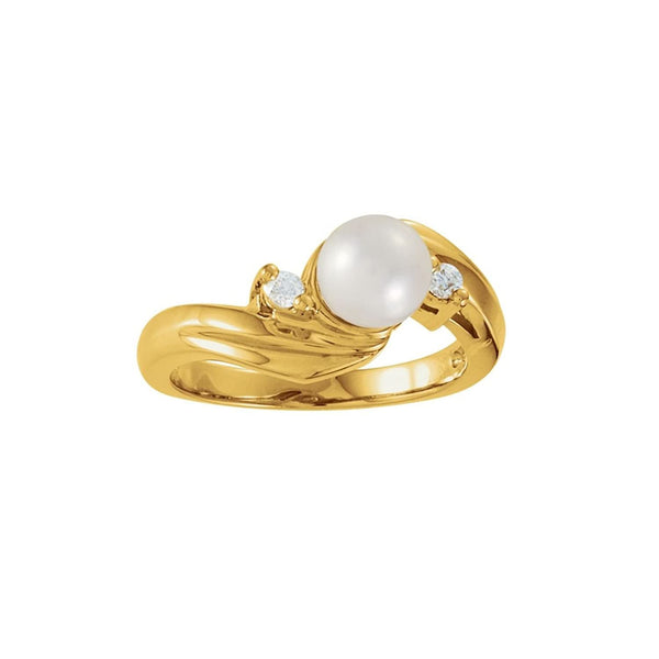 White Akoya Cultured Pearl and Diamond Bypass Ring, 14k Yellow Gold (6.50mm) (.125Ctw, G-H Color, I1 Clarity) Size 7