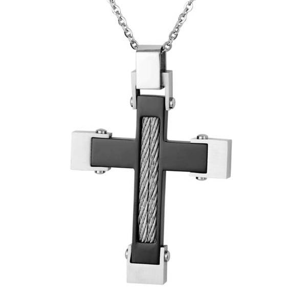 Men's Two-Tone, Black Ion Plated Cross with Braided Wire Pendant Necklace , Stainless Steel, 24"