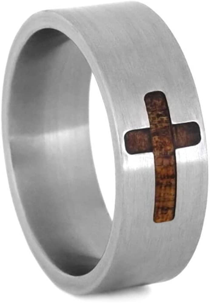 Koa Wood Cross Design 8mm Brushed Titanium Comfort-Fit Wedding Ring, Size 8