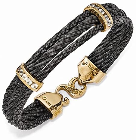 Triple Strand Black Titanium Memory Cable, Bronze 1.40 Ctw White Sapphire Flex Cable Bracelet, 7"