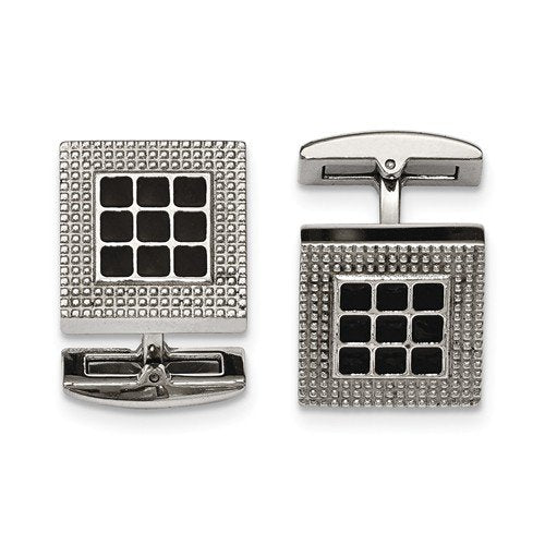 Stainless Steel Polished Black Rubber Square Cuff Links