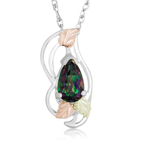 Pear Mystic Fire Topaz Pendant Necklace, Sterling Silver, 12k Green and Rose Gold Black Hills Gold Motif, 18''