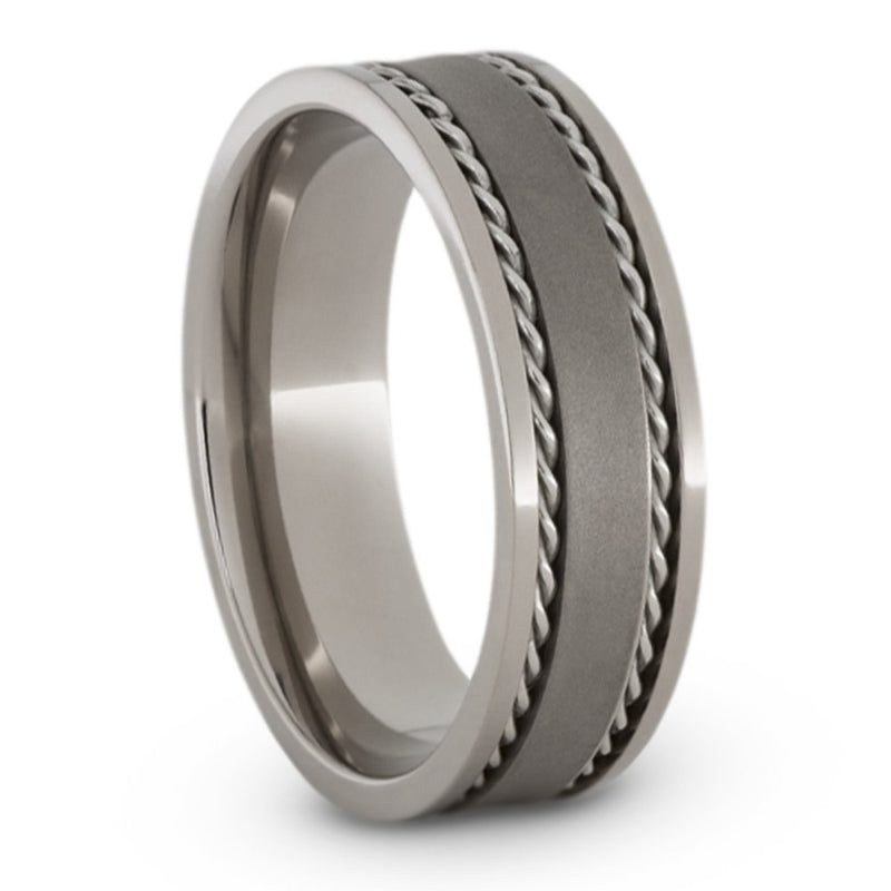 Rope Trimmed 6mm Comfort-Fit Satin and Polished Titanium Wedding Band