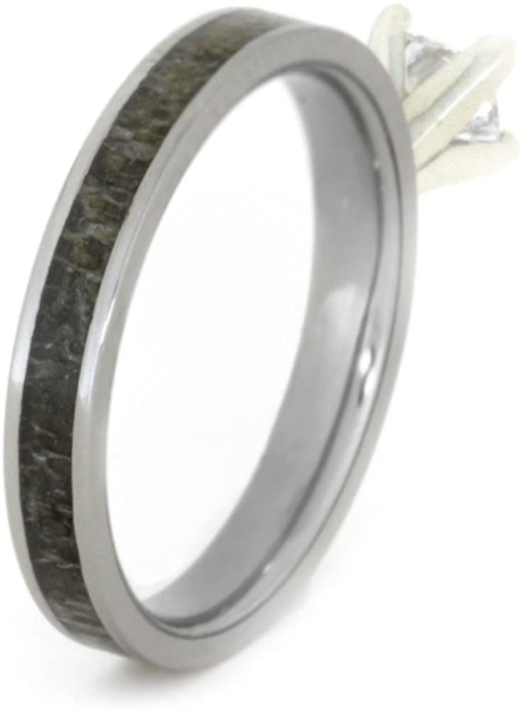Princess-Cut Diamond Deer Antler 4mm Comfort-Fit Titanium Ring, Size 7.25