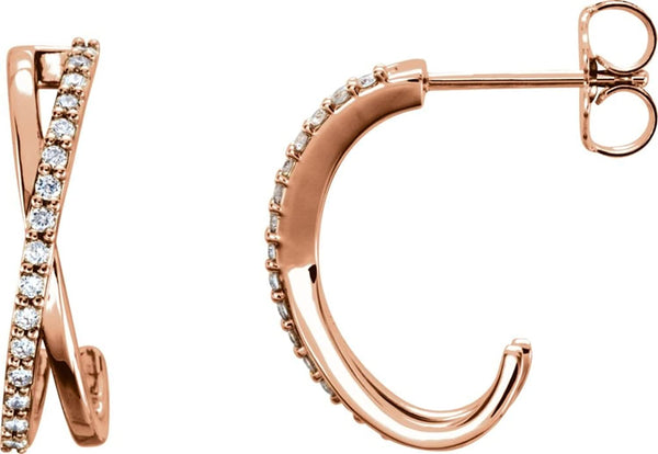 Diamond Criss Cross J-Hoop Earrings, 14k Rose Gold (1/6 Ctw, Color G-H, Clarity I1)