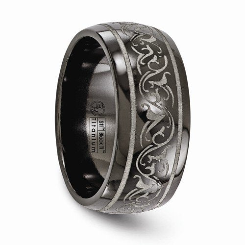 Black Ti Collection Scroll Design 10mm Comfort-Fit Dome Titanium Band