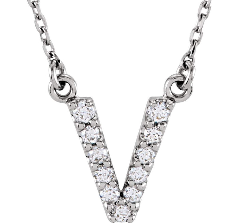 Diamond Initial 'V' Rhodium Plate 14K White Gold (1/8 Cttw, GH Color, I1 Clarity), 16.25"