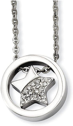 Stainless Steel CZ Star Inside Circle Necklace, 18"