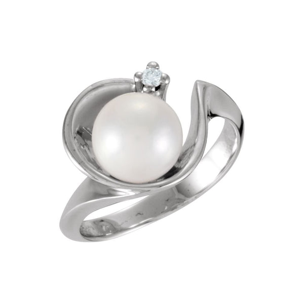 White Akoya Cultured Pearl and Diamond Ring, Rhodium-Plated 14k White Gold (8mm) (.03Ct, G-H Color, I1 Clarity)