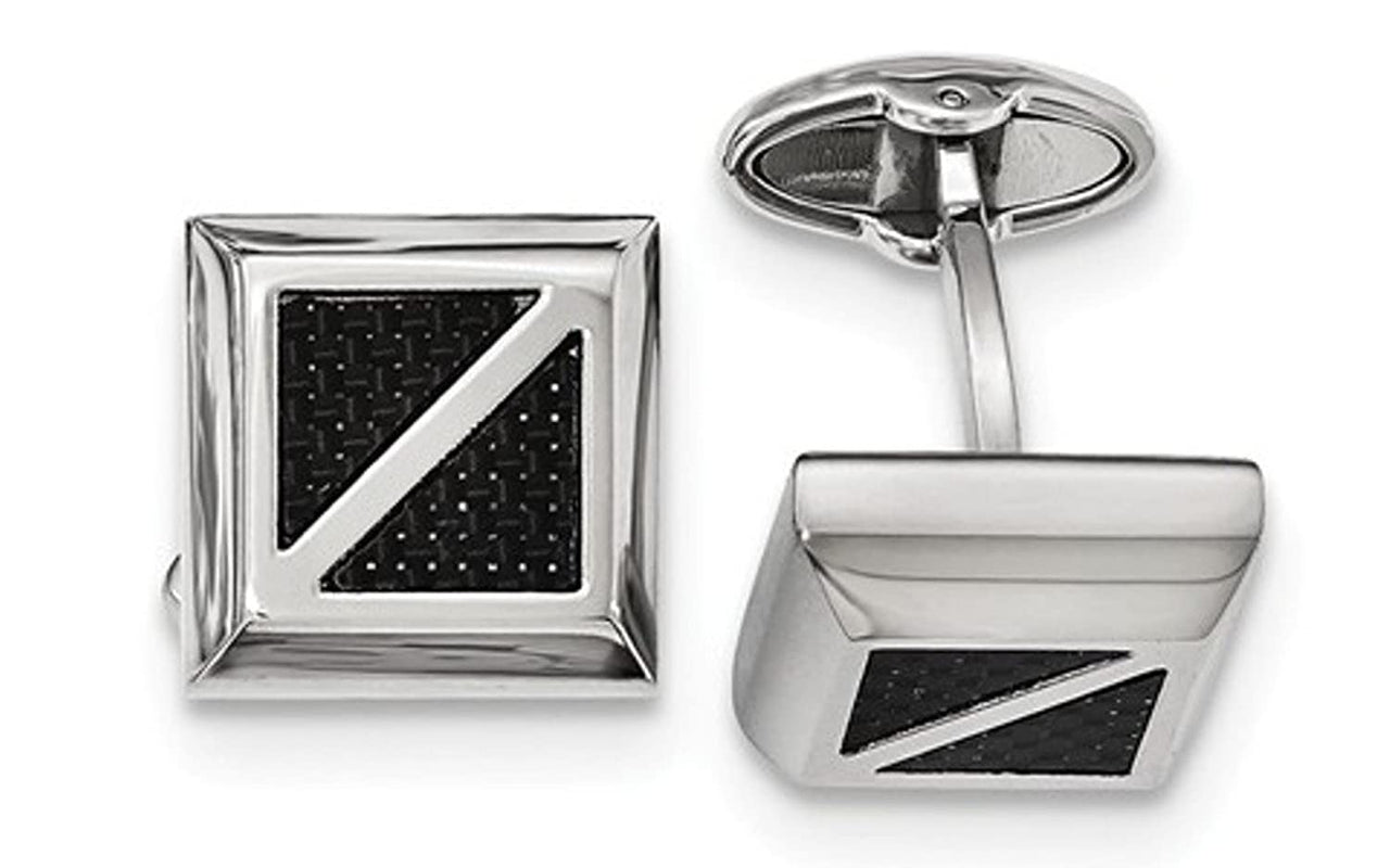 Stainless Steel, Polished, Black Carbon Fiber Inlay Square Cuff Links