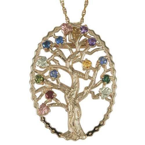 Multi Gemstone Tree Pendant Necklace, 10k Yellow Gold, 12k Green and Rose Gold Black Hills Gold Motif, 18"