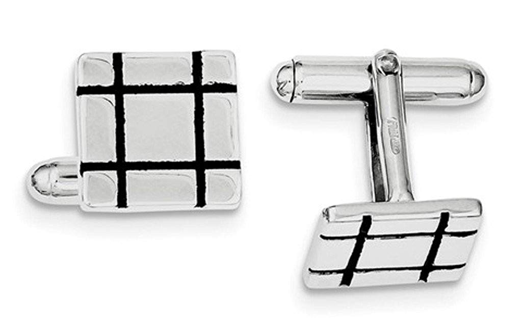 Rhodium-Plated Sterling Silver Black Enamel Groove Square Cuff Links, 14MM