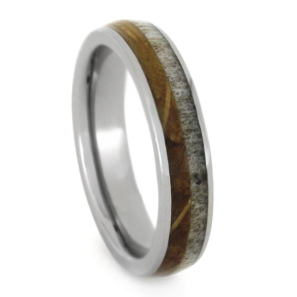 Jack Daniels Whiskey Barrel Oak Wood, Deer Antler 4mm Comfort-Fit Titanium Wedding Band, Size 14.25