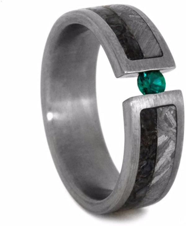 Emerald, Dinosaur Bone, Gibeon Meteorite, 14k White Gold 6mm Comfort-Fit Brushed Titanium Wedding Band, Size 10.75
