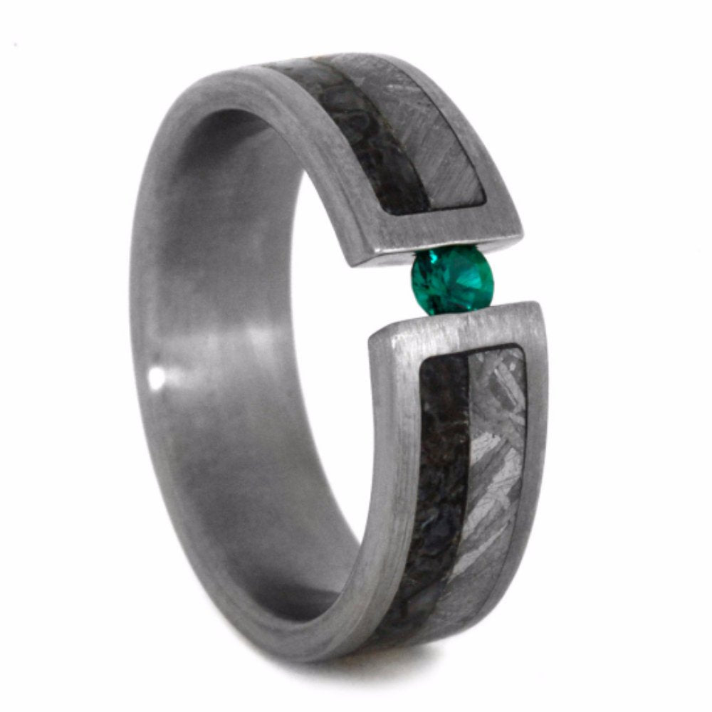 Emerald, Dinosaur Bone, Gibeon Meteorite, 14k White Gold 6mm Comfort-Fit Brushed Titanium Wedding Band