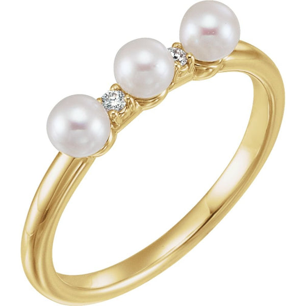 White Freshwater Cultured Pearl, Diamond Stackable Ring, 14k Yellow Gold (3.5mm)(.03Ctw, Color G-H, Clarity I1)