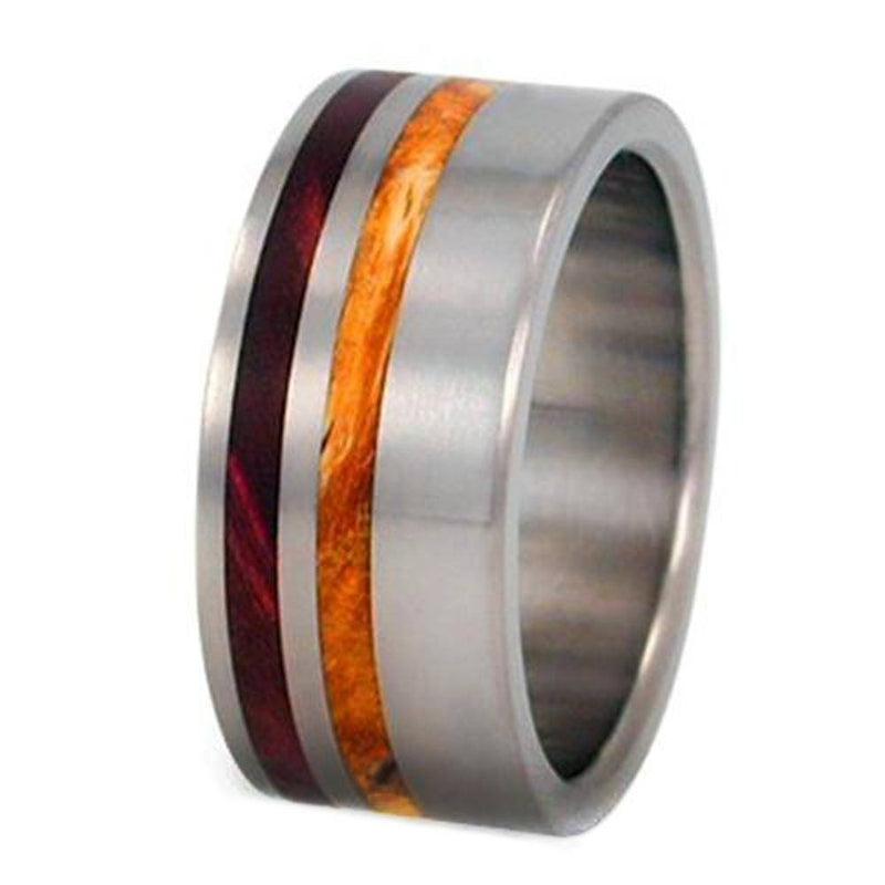 Gold Box Elder Burll Wood and Redwood 10mm Comfort-Fit Titanium Band, Size 15.75