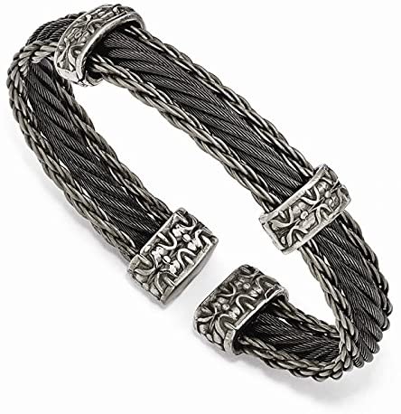 Men's Brushed Matte 6/4 Titanium and Black Titanium Memory Cable Triple Strand Cuff Bracelet, 7"