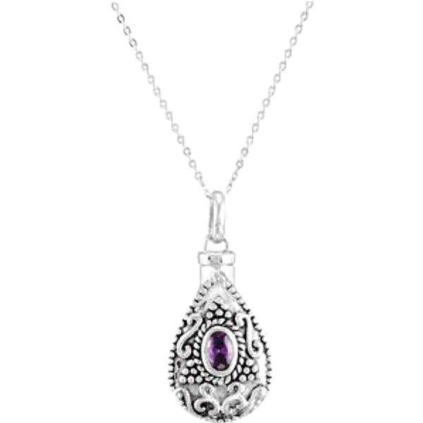 Purple CZ Teardrop Ash Holder Necklace, Rhodium Plate Sterling Silver, 18"