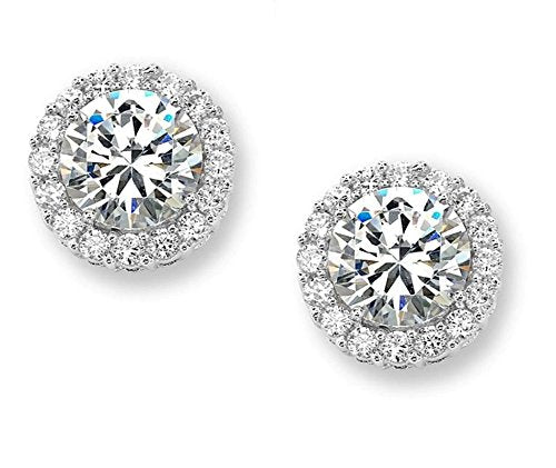 Round CZ Halo Rhodium Plated Sterling Silver Stud Earrings