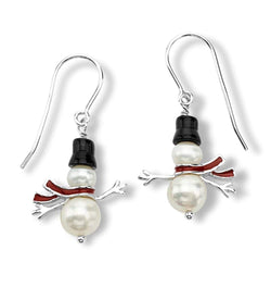 White Cultured Freshwater Pearl, Black Onyx Cap Snowman Rhodium Plated Sterling Silver Earrings