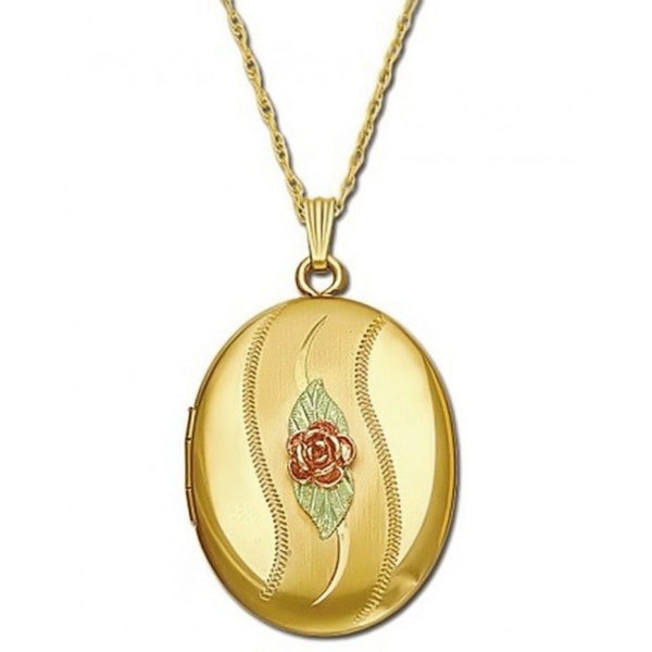 Rose Flower Oval Locket Necklace, 10k Yellow Gold, 12k Green and Rose Gold Black Hills Gold Motif, 18"