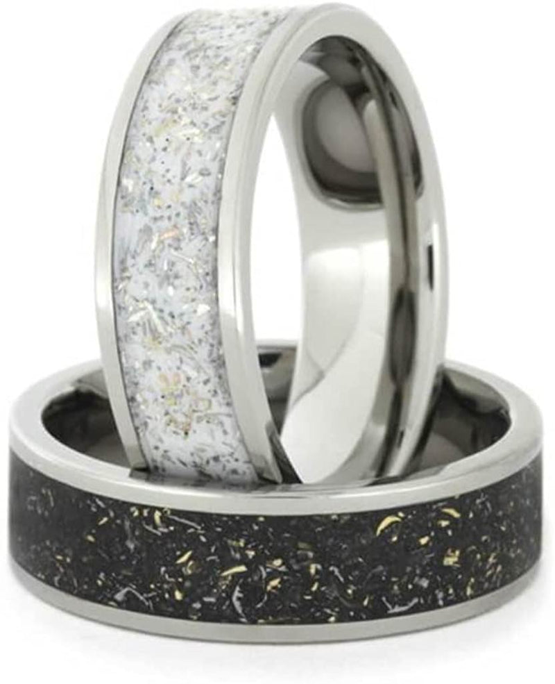 Couples White Stardust Titanium Band and Black Stardust Titanium Band with Meteorite and Gold Set Size, M14.5-F9