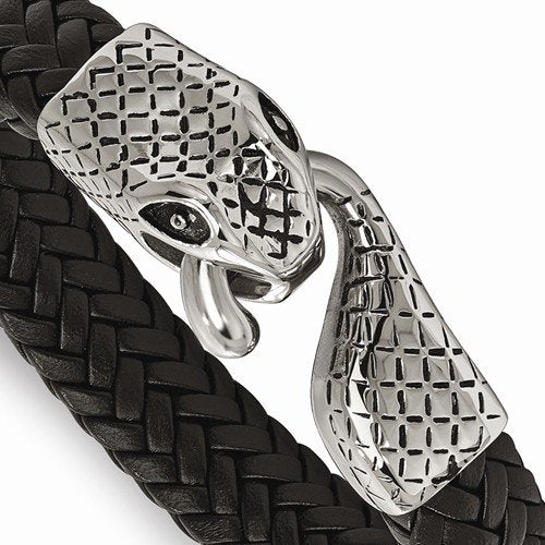 Men's Polished Stainless Steel Leather Strap Snake Bracelet, 8.25"