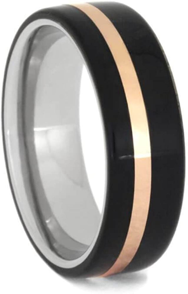 Ebony Wood, 14k Rose Gold 7mm Titanium Comfort-Fit Wedding Ring, Size 10.25