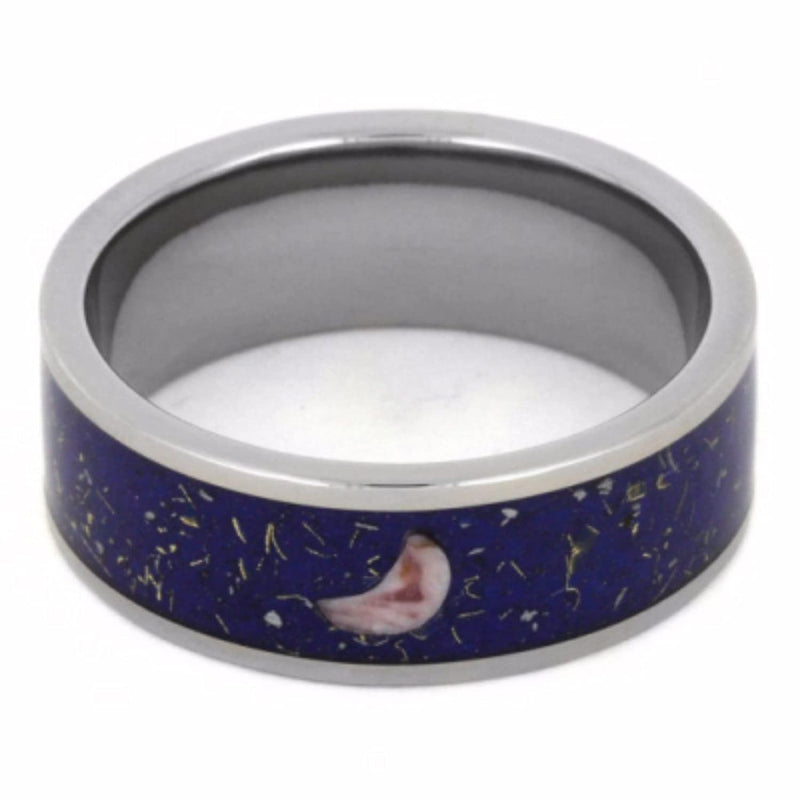 Rhodonite Crescent Moon, Blue Stardust, 14k Yellow Gold 8mm Comfort-Fit Titanium Wedding Band, Size 11.75