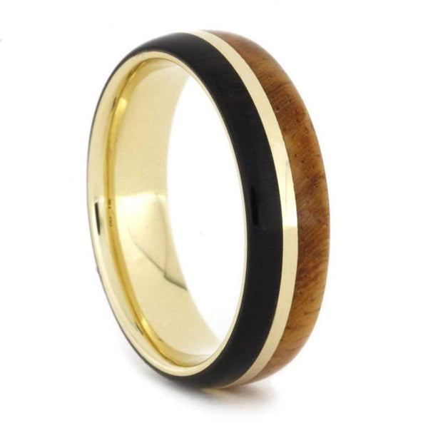 14k Yellow Gold Amboyna Burl, AFWrican Blackwood 6mm Comfort-Fit Titanium Band, Size 9.75