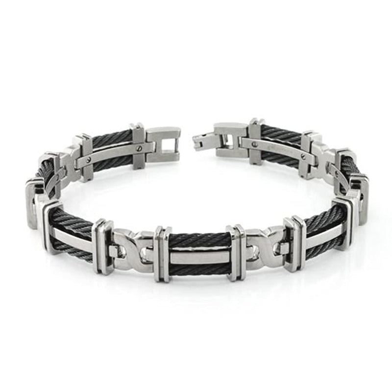 Men's Cable Squared Collection Gray Titanium 10mm Two Row Fold Over Cable Link Bracelet, 8.25"