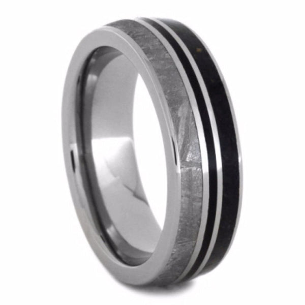 Dinosaur Bone, Gibeon Meteorite, Black Stripe 7mm Comfort-Fit Titanium Wedding Band