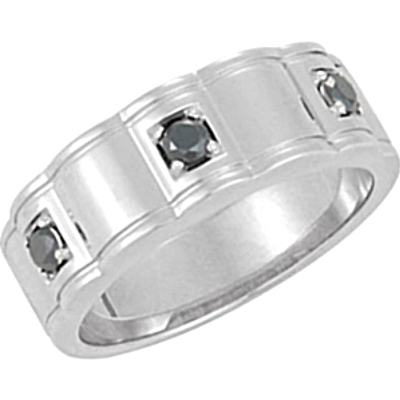 Men's Black Diamond 3-Stone Scalloped Sterling Silver Band (.375 Cttw)