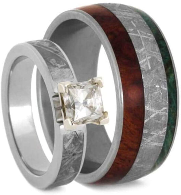 Forever One Moissanite, Meteorite, Afzelia Wood, Green Box Elder Burl Comfort-Fit Titanium Couples Wedding Band Set Size, M11.5-F7.5