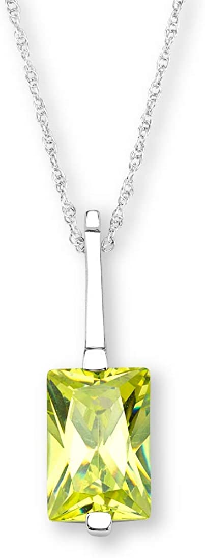 Rectangle Apple Green CZ Pendant Necklace, Rhodium Plated Sterling Silver, 18"