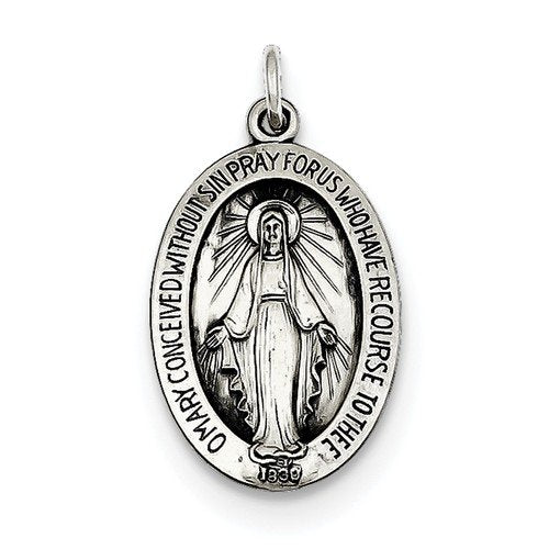 Sterling Silver Antiqued Miraculous Medal Charm Pendant (23X12 MM)