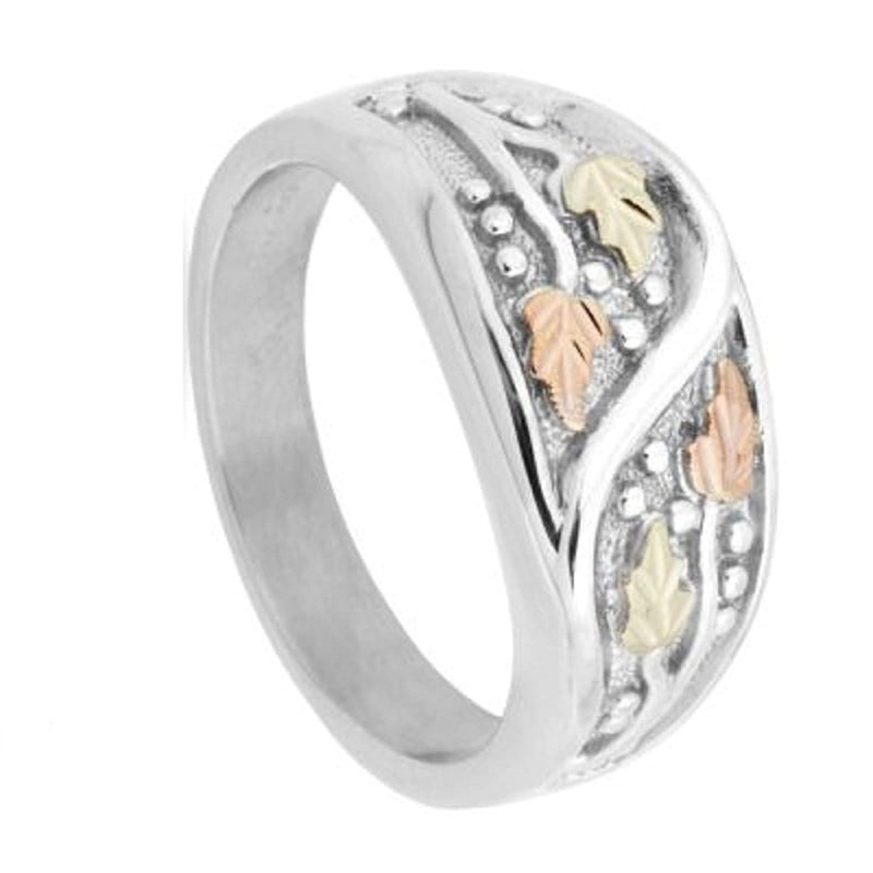 Men's Frosty Leaves Ring, Sterling Silver, 12k Green and Rose Gold Black Hills Gold Motif, Size 11