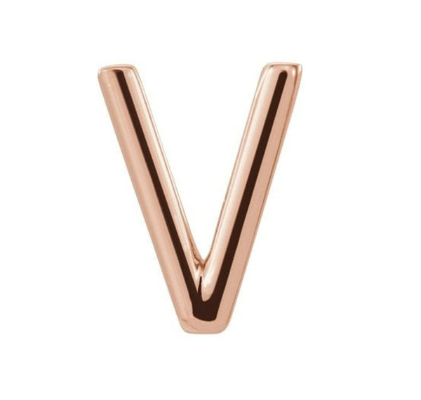 Initial Letter 'V' 14k Rose Gold Stud Earring (Single Earring)
