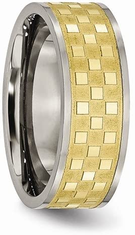 Brushed Grey Titanium Yellow IP 8mm Satin Checkered Flat Band, Size 8.5