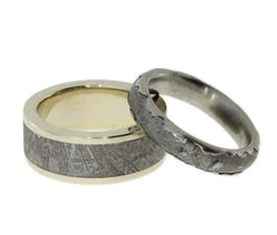 Gibeon Meteorite Wavy Titanium Band and Gibeon Meteorite, 14k Yellow Gold Band, Couples Wedding Rings