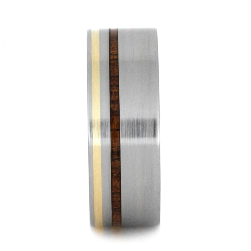 Ancient Kauri Wood, 14k Yellow Gold 8mm Comfort-Fit Brushed Titanium Band