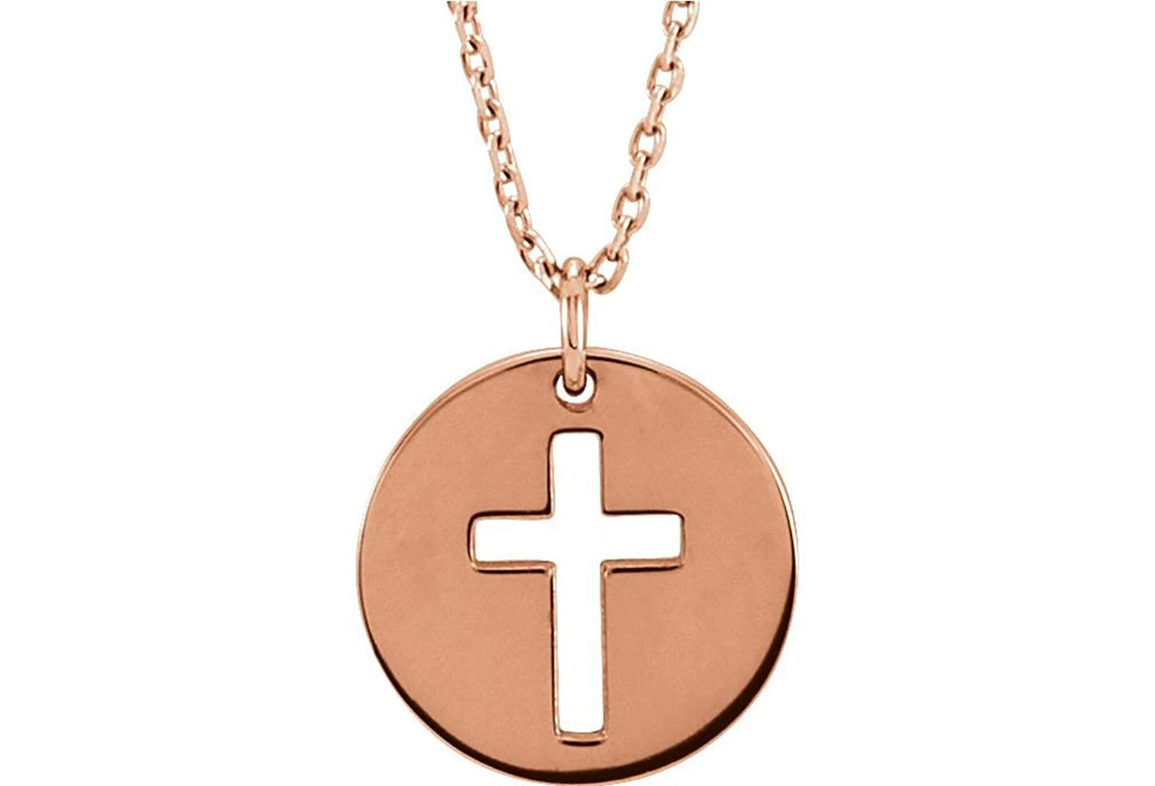 Pierced Cross Disc Necklace in 14k Rose Gold 16-18"