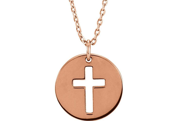 Pierced Cross Disc Necklace in 14k Rose Gold 16-18"