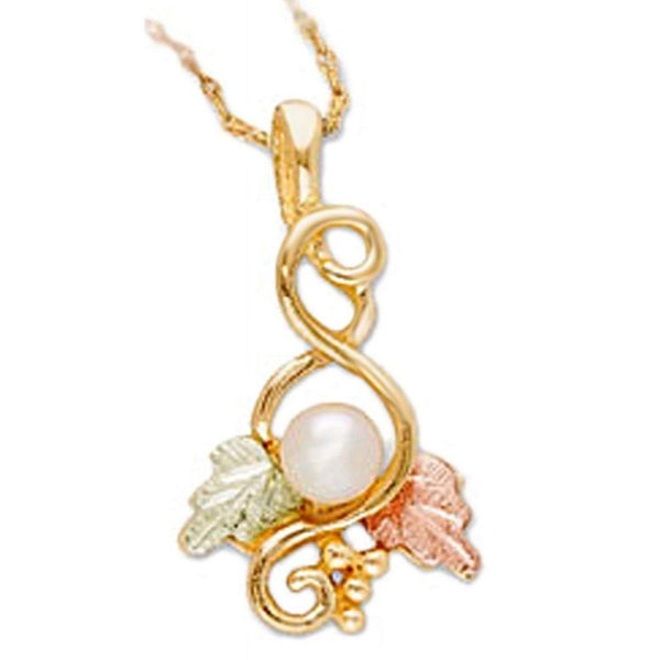 White Cultured Pearl with Leaf Pendant Necklace, 10k Yellow Gold, 12k Green and Rose Gold Black Hills Gold Motif, 18" (4-4.5MM)