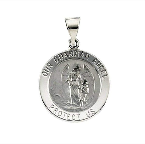 14k White Gold Hollow Round Guardian Angel Medal (18.25x18.50 MM)